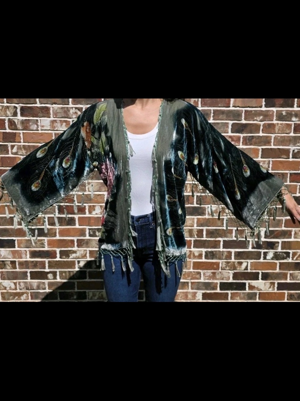 Vintage Soho Peacock Burnout Velvet Kimono Duster Beaded Tassel Fringe One Size